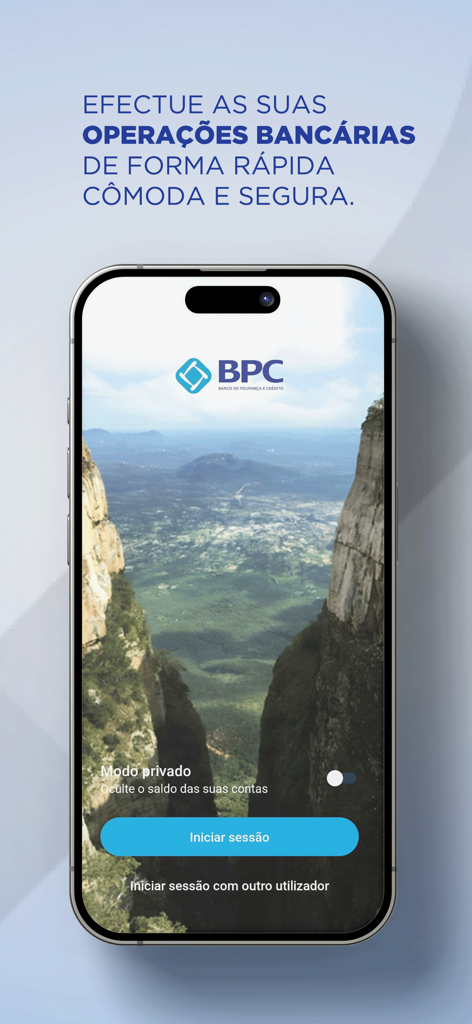BPC - BPC mobile banking app login screen featuring the bank logo and an Angolan landscape background