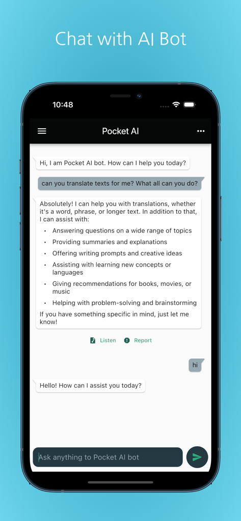 Pocket AI chatbot interface showing assistant features and conversation