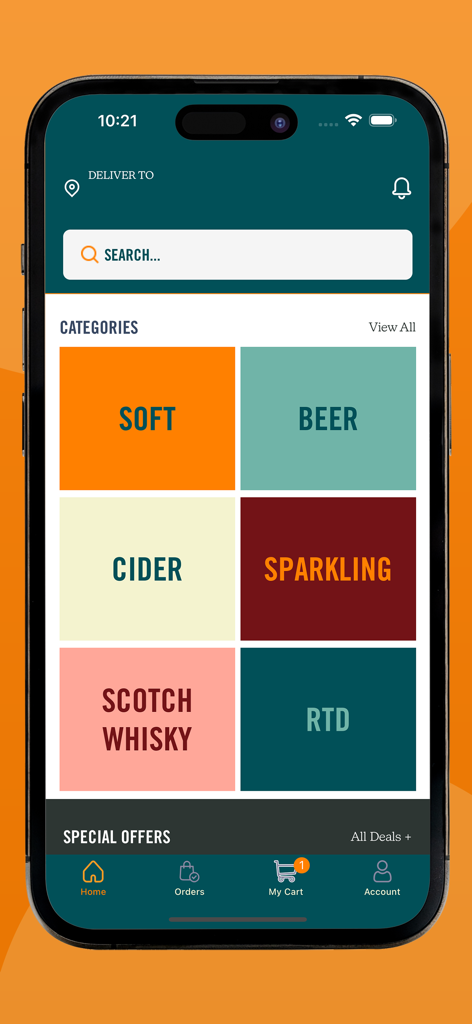 Zoom Drinks Delivery - Home screen of the Zoom Drinks Delivery app showing drink categories like beer cider and scotch whisky on a mobile interface