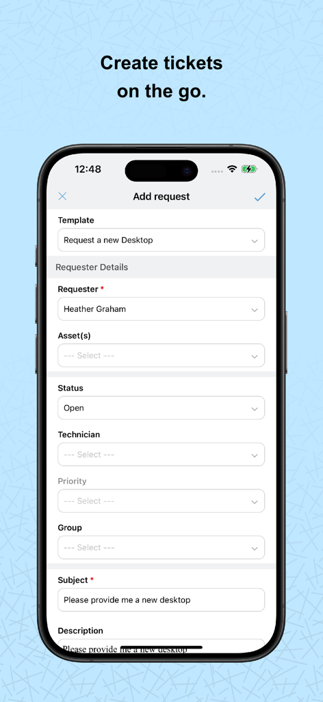 ServiceDesk Plus mobile app interface for creating a new IT service request ticket