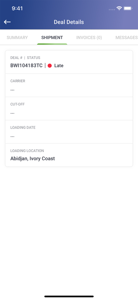 TradeCafe Mobile App-Oberfläche, die den Sendungsstatus und den Standort für einen Rohstoffhandelsdeal anzeigt