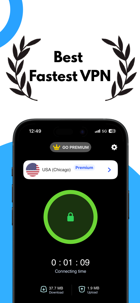 VPN Pro mobile app interface showing a connected premium server in Chicago with high speed statistics