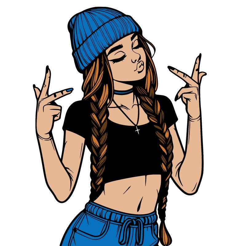 realistic teenage girl with braids and a beanie and crop top doing 🫶🏼