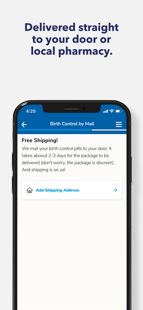 Planned Parenthood Direct℠ - Pantalla de la aplicación Planned Parenthood Direct para entrega de anticonceptivos con información de envío gratuito.