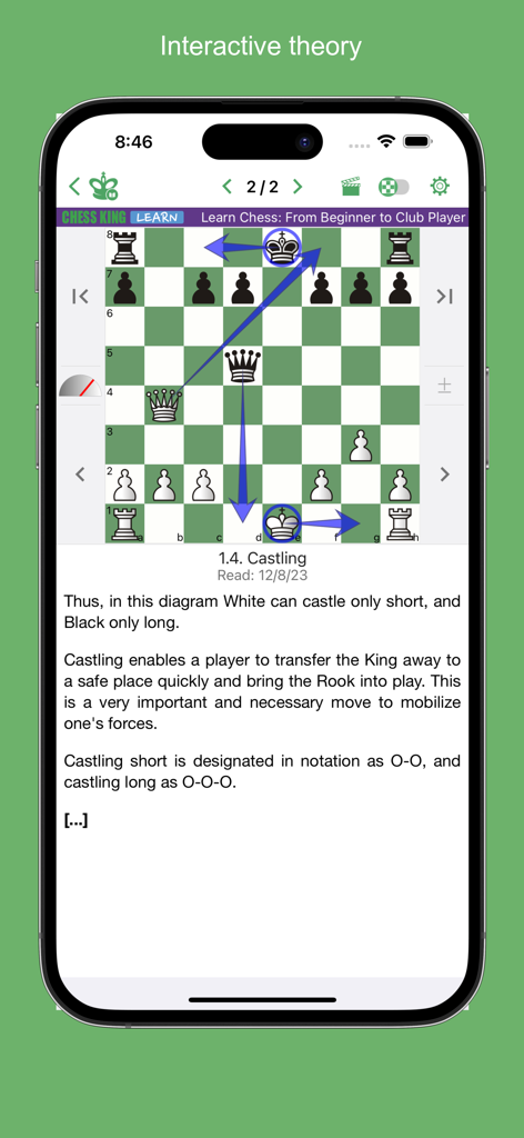Chess King - Learn to Play - Ein mobiler App-Bildschirm, der eine interaktive Schachlektion zum Thema Rochade mit einem Spielbrett und erläuterndem Text zeigt.