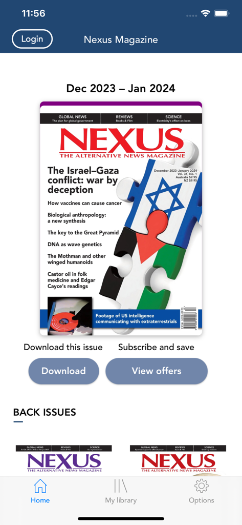 NEXUS MAGAZINE - Pantalla de inicio de la aplicación Nexus Magazine que muestra la portada del último número y la sección de números anteriores