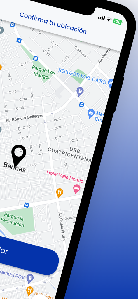 VenPide - Interfaz de la aplicación VenPide mostrando un mapa de calle para confirmación de ubicación con un marcador en Barinas