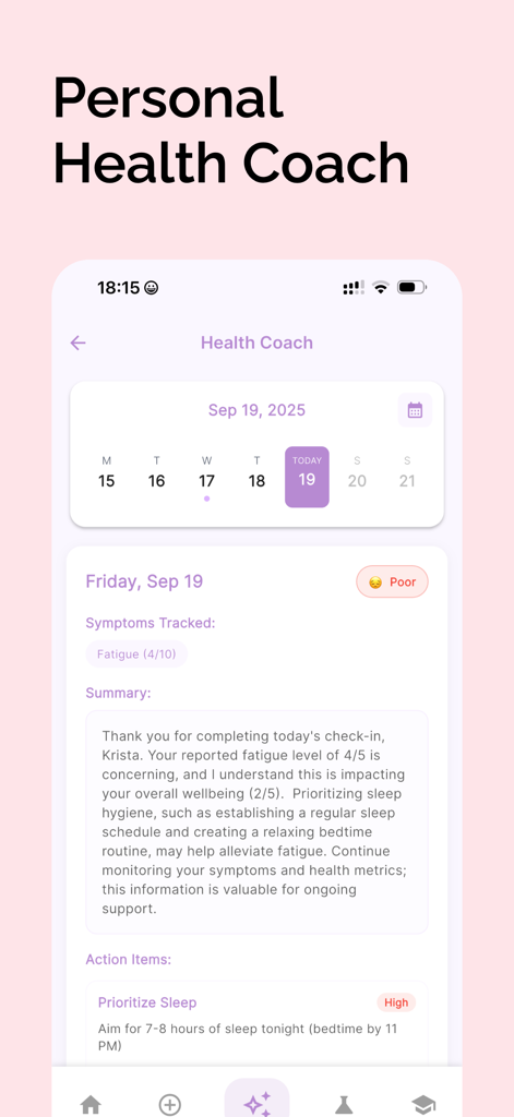 Symptive: Hormone Health - Symptive app screenshot showing the AI health coach interface with symptom analysis and sleep recommendations