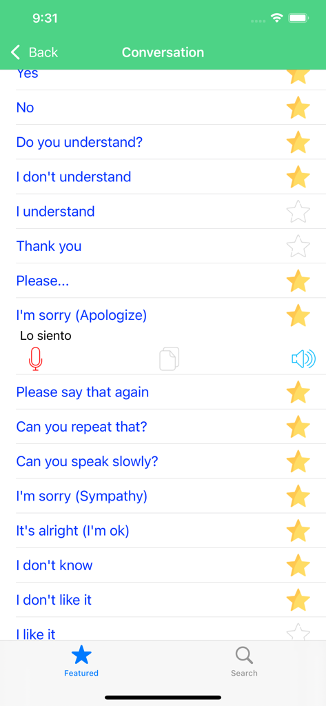 Learn Spanish Language Offline - A list of common Spanish conversation phrases with English translations and audio buttons in a mobile app.