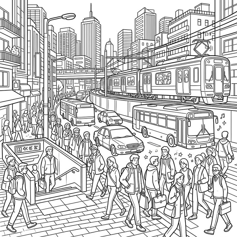 Immerse yourself in the bustling energy of a city rush hour with this detailed coloring page. Bring the vibrant urban landscape, complete with commuters and public transport, to life with your favorite colors.
