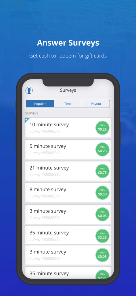 Mobile app interface showing a list of paid surveys with reward amounts.