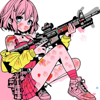 girl holding a rifle in her hand in a cool pose manga