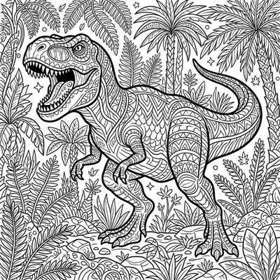 Dive into the thrilling world of prehistoric predators with this stunning T-Rex hunting adult coloring page. Featuring complex patterns and a detailed jungle scene, it's perfect for a relaxing and engaging creative escape.