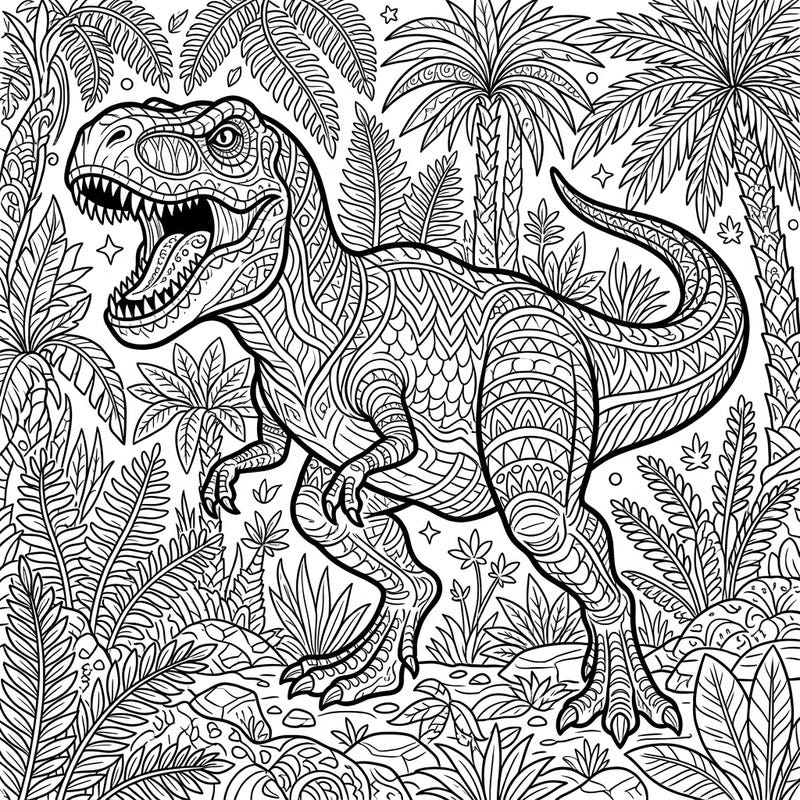 Dive into the thrilling world of prehistoric predators with this stunning T-Rex hunting adult coloring page. Featuring complex patterns and a detailed jungle scene, it's perfect for a relaxing and engaging creative escape.