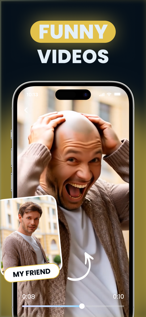 Vidu AI: Video Generator - Interface de l'application Vidu AI montrant la génération d'une vidéo amusante d'un homme avec un effet chauve basé sur la photo d'un ami.