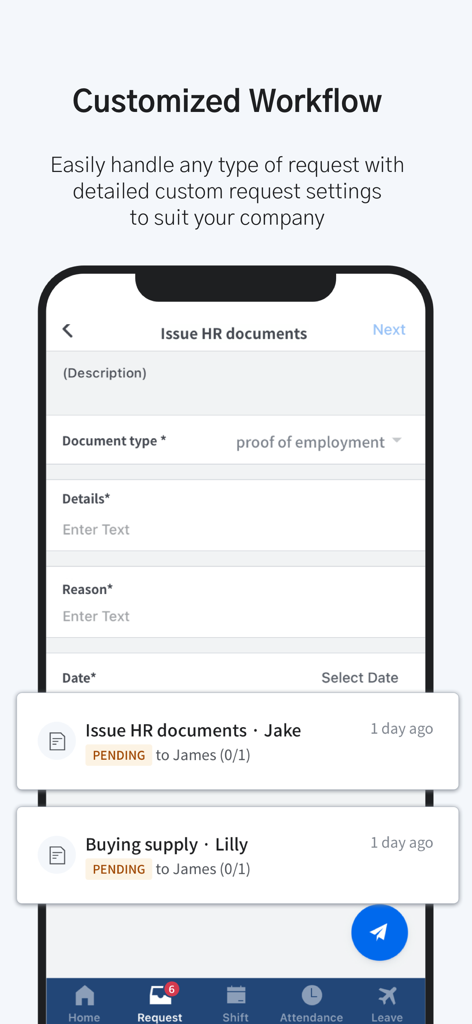 Shiftee app interface for submitting and tracking HR document requests