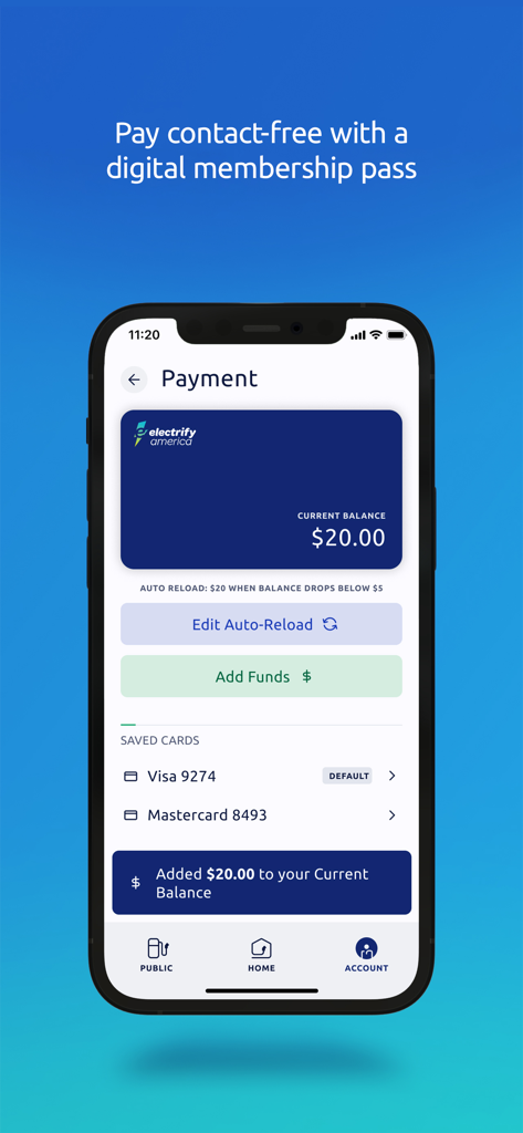 Electrify America - La pantalla de pago de la aplicación Electrify America que muestra una tarjeta de membresía digital y el saldo actual
