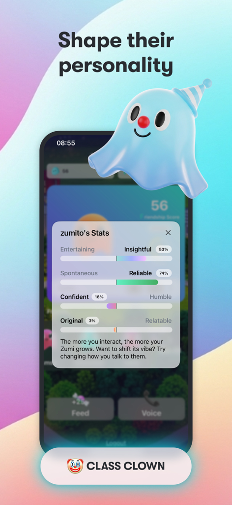 A screenshot of Zumichat showing an AI characters personality traits like insightful and reliable