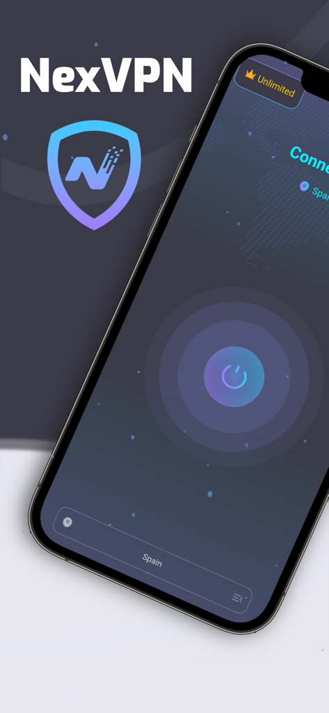 NexVPN - Fast & Secure VPN - NexVPN app interface on iPhone showing a secure connection button and server location selection