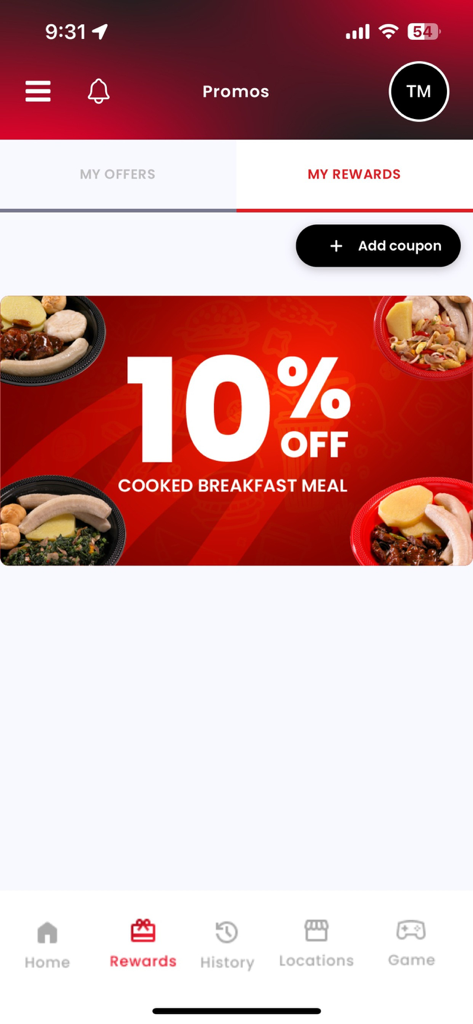 Mothers Rewards - Mothers Rewards app displaying a 10 percent discount for a cooked breakfast meal