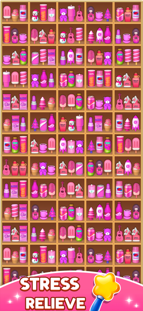 Goods Sorting Triple Match 3D - A puzzle grid of wooden shelves filled with pink 3D household items in Goods Sorting Triple Match 3D