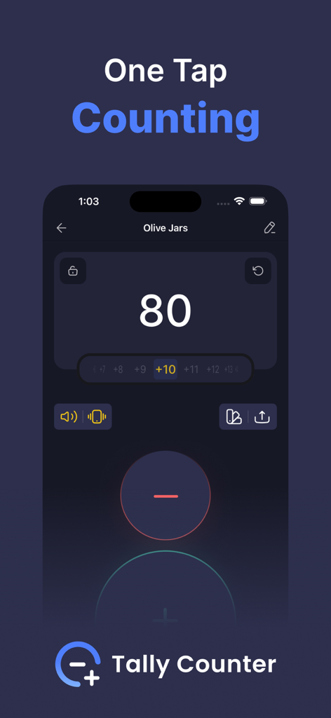 Smartphone screen showing the Tally Counter app interface with a counter for olive jars and large one tap buttons