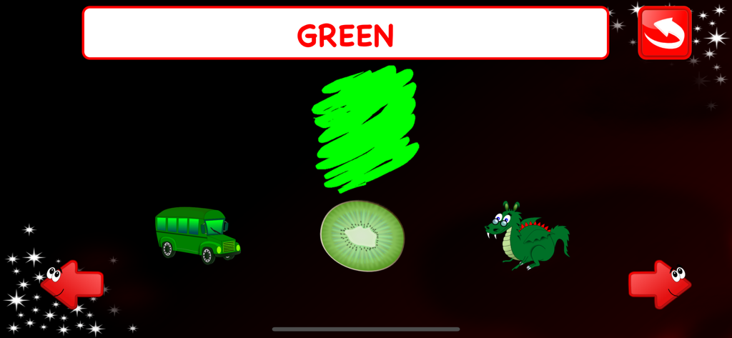 Educational screen for teaching the color green using a bus, a kiwi, and a dragon.