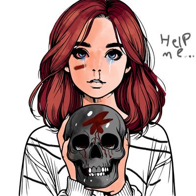 realistic girl holding a skull