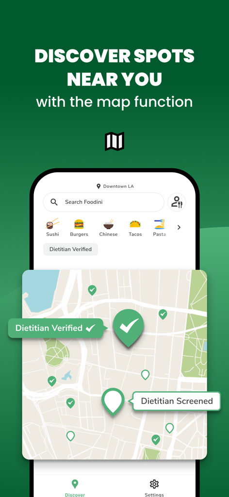 Foodini US - A map interface in the Foodini app showing dietitian verified and screened restaurant locations in Downtown LA.