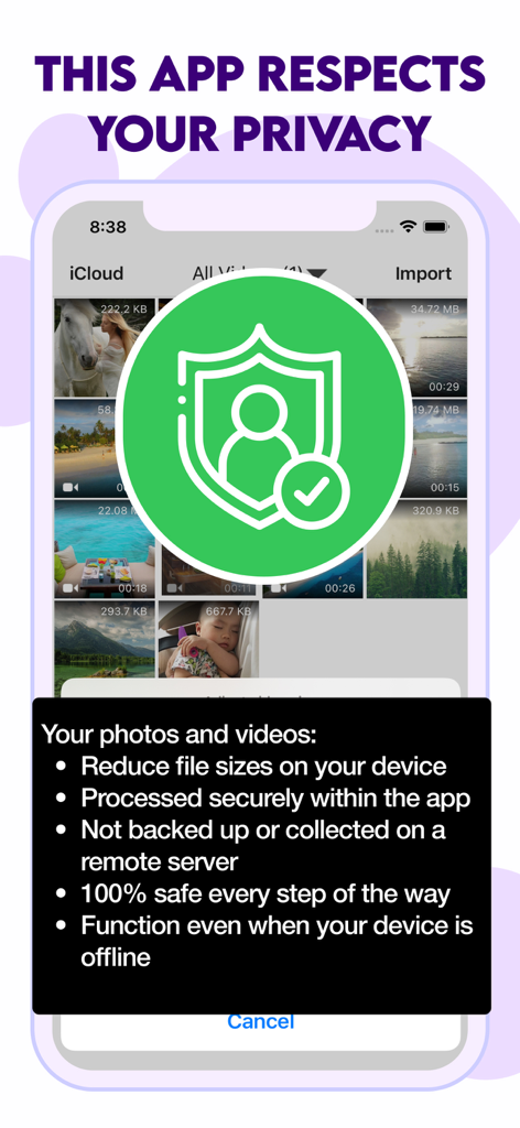 Video Compressor & Reduce size - App screen showing privacy features for secure and offline video compression.