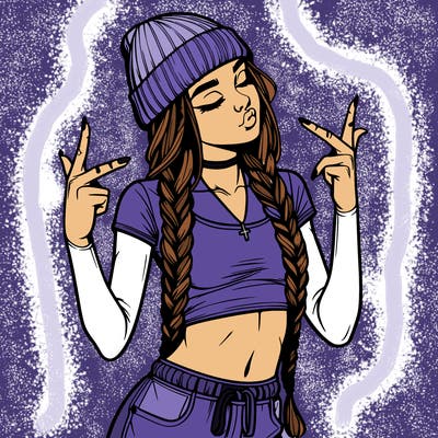 realistic teenage girl with braids and a beanie and crop top doing 🫶🏼