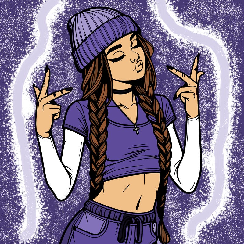 realistic teenage girl with braids and a beanie and crop top doing 🫶🏼