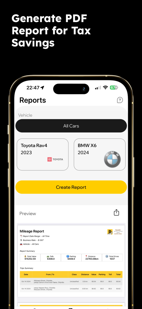 Interface de l'application RouteIQ montrant les options pour générer des rapports de kilométrage PDF pour des économies d'impôts, y compris la sélection du véhicule et un aperçu du rapport