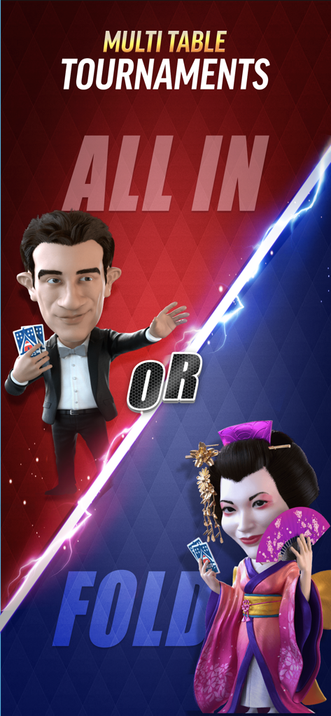 PokerBROS - Your Poker App - Two PokerBROS avatars representing all in or fold options for multi table tournaments