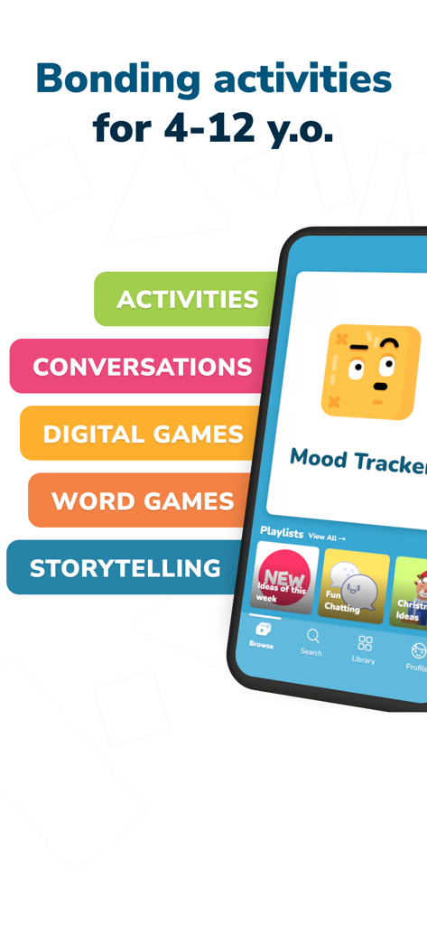 Hearty app interface displaying various categories of bonding activities for children aged 4 to 12 including games and storytelling.