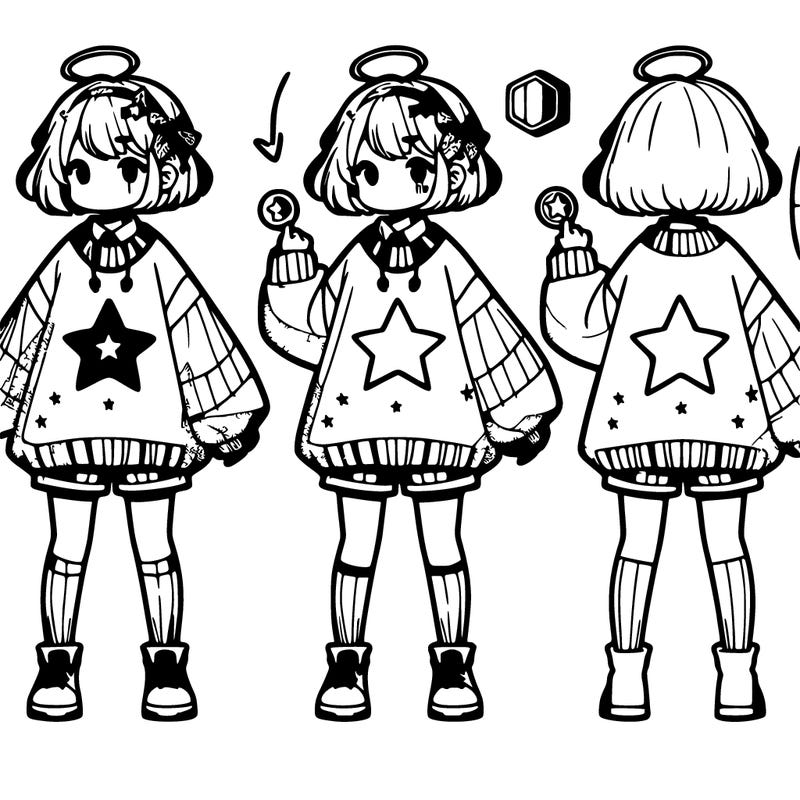 a gurl with an oversized sweater that has a star in the middle she also has shorts and she has a coin in her hand she is also wearing a headband with a gachapon charm on it