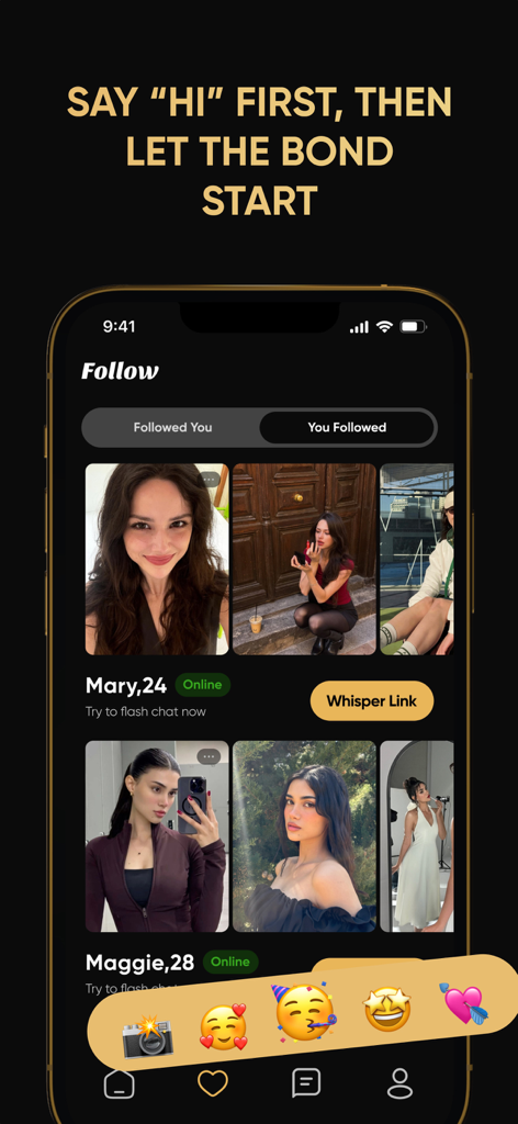 Whisper Link - Tela do celular para Whisper Link mostrando perfis de usuário na seção Seguir com opções de conexão privada.