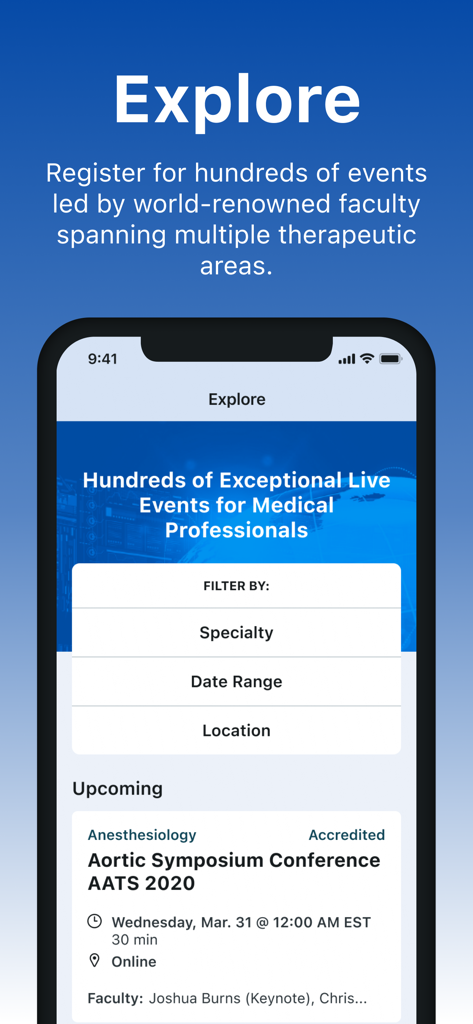Medscape LIVE app explore screen with medical symposium listings and filters