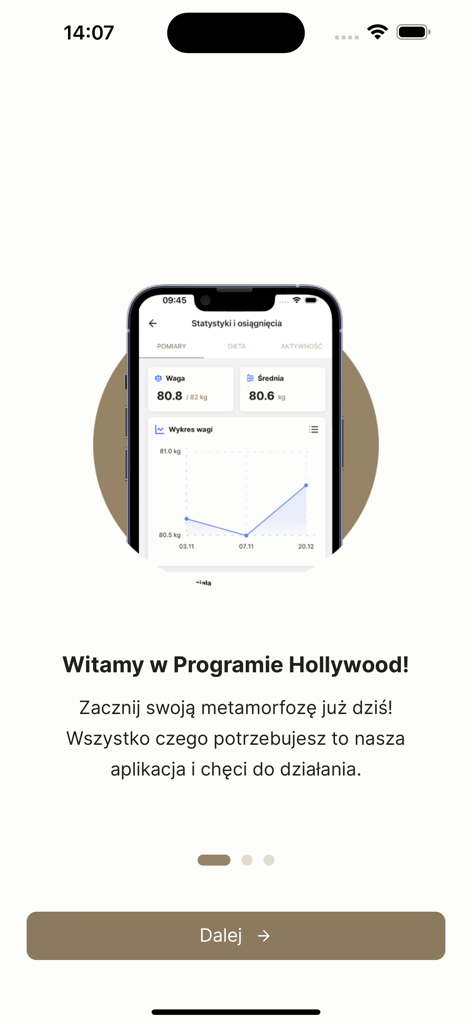 SylwetkaPro - Onboarding screen for SylwetkaPro fitness app featuring the Hollywood Program and a weight tracking progress graph.