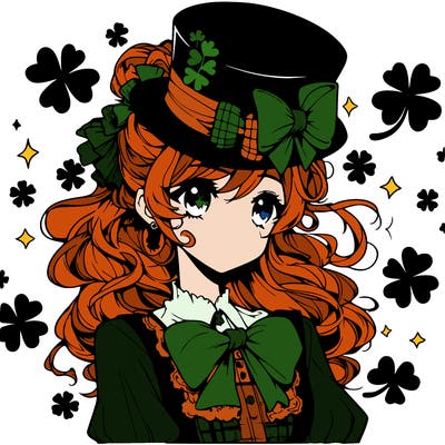 a manga-style girl with clovers around her, a little hat in her hair, like it's saint patrick's day