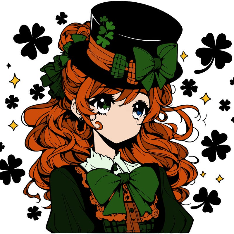 a manga-style girl with clovers around her, a little hat in her hair, like it's saint patrick's day