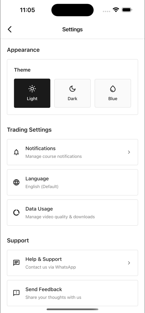 Settings screen of the Vision Trader app showing theme selection and trading configuration options