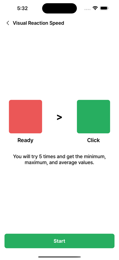 Reaction Speed Test - Prove it - Start screen of a visual reaction speed test showing instructions and a green start button