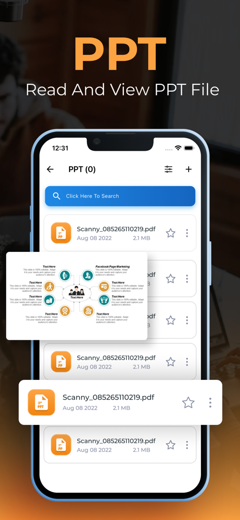 Smartphone screen displaying the PPT file viewing feature of the All Document Reader app with a slide preview.