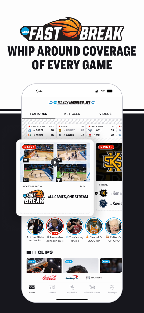 NCAA March Madness Live - Interface do aplicativo NCAA March Madness Live mostrando o recurso de streaming multi-jogo Fast Break