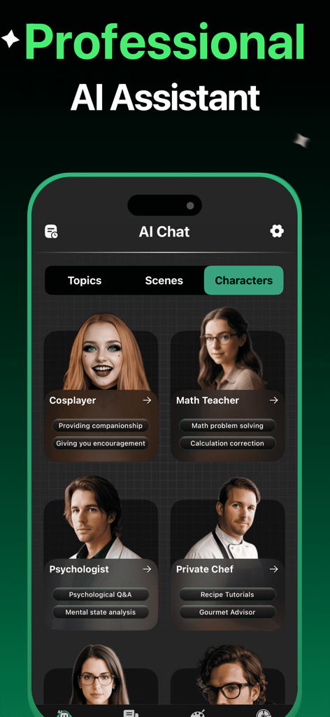 AI Chatbot - Ask AI Anything - AI Chatbot interface showing a selection of professional AI character presets including a Math Teacher and Psychologist