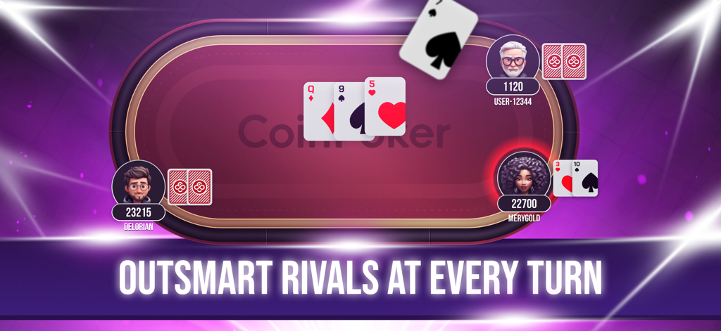 Poker Game: Texas Hold'em - 3人のプレイヤーのアバターとコミュニティカードが表示されているデジタルテキサスホールデムポーカーテーブル、紫色の背景に表示されています。