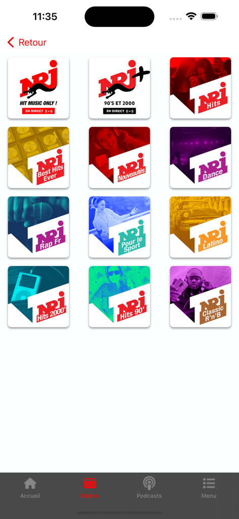 NRJ Belgique - NRJベルギーアプリのデジタルラジオ局のグリッド表示。Rap FR DanceやHitsジャンルが含まれています。