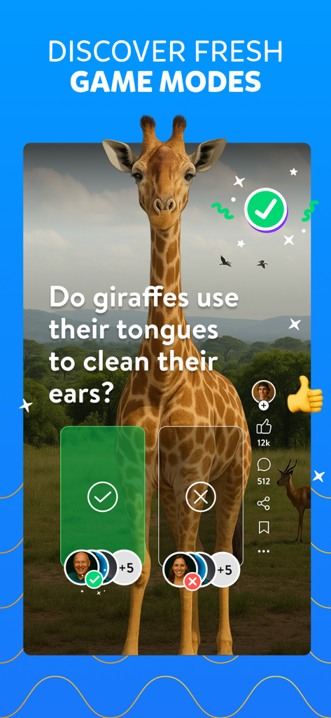 Captura de pantalla de juego de Trivia Crack Premium que muestra una pregunta de verdadero o falso sobre jirafas con una interfaz estilo redes sociales.