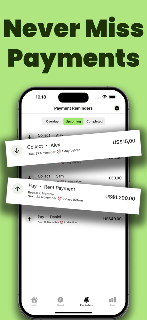 Loan Tracker: You Owe Me - Mobile app screen showing upcoming debt and payment reminders for individuals and recurring bills like rent.